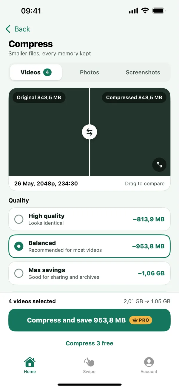 Tidyroll Compress screen: a before and after slider compares a video at 848.5 MB, with quality options High quality, Balanced and Max savings, and a button to compress four videos and save 953.8 MB